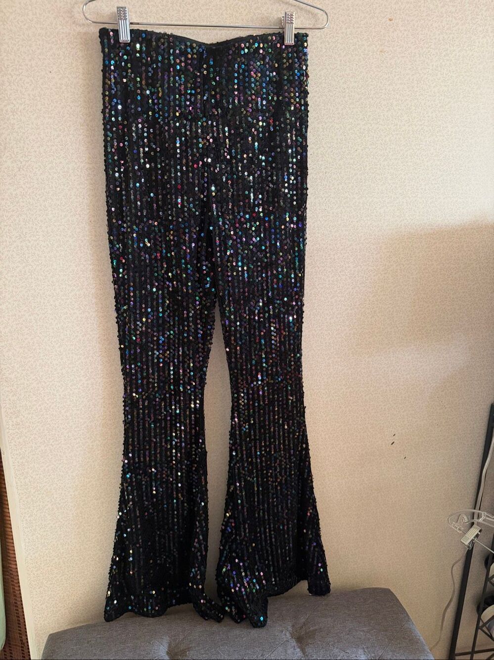 Free People black sequin irradescent sequin flare pants